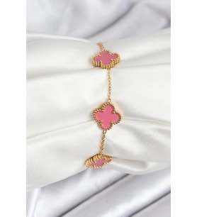 316L Çelik Gold Zincir Pembe Yonca Renk Bileklik 5886