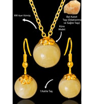 Sertifikalı Gold Küre Model Bal Kalsit Taşı Kolye ve Küpe Seti - Gümüş Aparatlı (Çok Renkli)