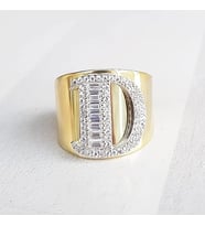 D Harfi Baget Taşlı Gold Kaplama Gümüş Yüzük