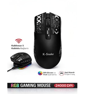 Kablosuz Oyuncu Mouse 24000 DPI 1000Hz RGB Şarj İstasyonlu Dijital Göstergeli Gaming Mouse