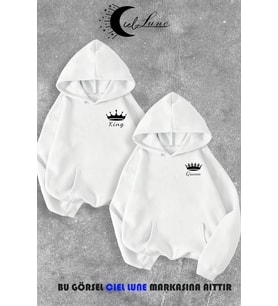 Sevgili Çift Kombin King And Queen Baskılı Özel Tasarım Kapüşonlu Sweatshirt 2li Set Takım (Beyaz)