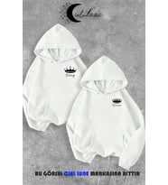 Sevgili Çift Kombin King And Queen Baskılı Özel Tasarım Kapüşonlu Sweatshirt 2li Set Takım (Beyaz)