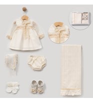KIZ BEBEK LOWEMAX 0-3 AY ORGANİK DANTELLİ ELBİSELİ AYAKKABILI SET PREMİUM KALİTE (Krem)