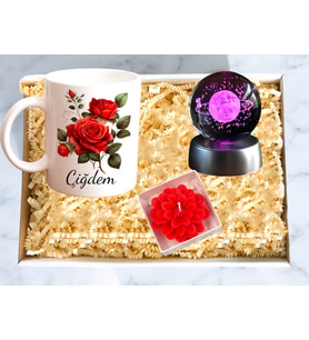 Kişiye Özel Kırmızı Güllü Kupa Bardak Işıklı 3D Cam Küre Lotus Mum Kutulu Hediye Seti