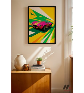 Pembe Klasik Roadster Pop Art, Siyah Çerçeveli Duvar Tablosu - Oto Severlere Özel