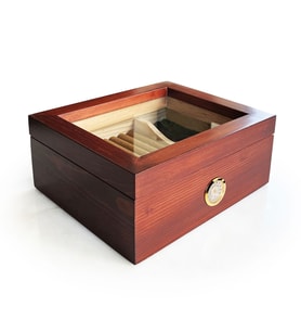 Mezmob Masif Yerli Sedir Ağacı Humidor Puro Kutusu Camlı 2 Bölmeli Analog