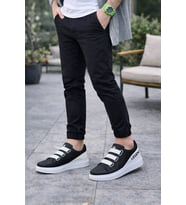 JY029 Mono Bağcıksız 3 Bantlı Lastikli Legend Cilt Erkek Günlük Sneaker Ayakkabı CBT - Siyah/Beyaz