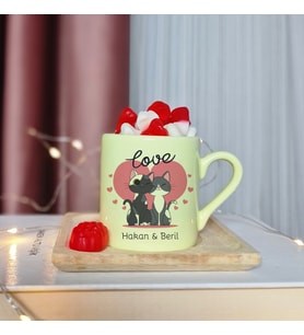 Çift Kediler Tasarımlı Kişiye Özel Sarı Türk Kahvesi Fincanı