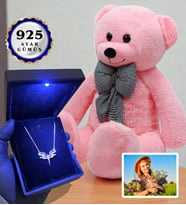 Fotoğraflı Hediye Seti Işıklı Kutusunda 925 Ayar Gümüş Kolye ve 80cm Pembe Ayıcık (Model 4)