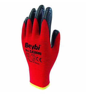 BEYBİ PN5 NİTRİL KAPLI POLY ELDİVEN ZEBRA KIRMIZI-SİYAH 9/L