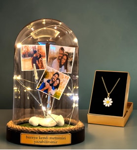 Kişiye Özel 3 Fotoğraflı Yazılı LED Işıklı Fanus ve Tasarım Kolyeli Hediye Seti