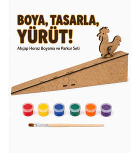 Ahşap Hareketli Horoz Boyama ve Parkur Seti – 6 Renk Boya, Fırça ve Kolay Kurulum Platform Dahil