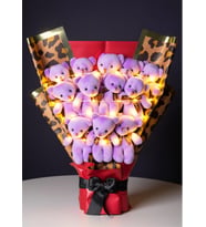 LED Işıklı Mor Ayıcık Buketi Gösterişli Peluş Buket Dekoratif Hediye Aranjmanı Işıklı Buket Hediyelik Arkadaşa Sevgiliye Hediye
