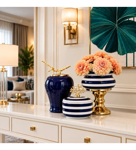 Dekoratif Obje Salon Seti Lacivert Zebra Ayaklı Saksı Lacivert Şah Lacivert Zebra Kapaklı Kutu Gold