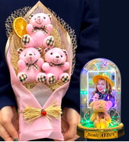 Kişiye Özel Renkli Led Işıklı Fanus ve Büyük Boy Pembe Ayıcık Buketi (Model 9)