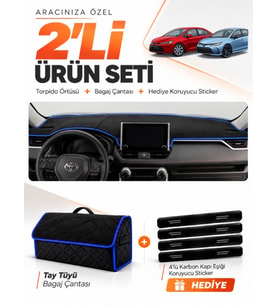 TOYOTA COROLLA E210 HAYALET GÖSTERGE YOK (2018-2026) Uyumlu Torpido + Tay Tüyü Çanta Seti - Siyah Mavi