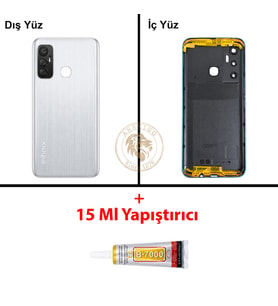 Infinix Hot 11 Gümüş Uyumlu Lensli Arka Kapak + B7000 Yapıştırıcı Arka Cam Batarya Pil Kapağı