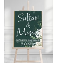 Söz Nişan Düğün İçin 50x70 Karşılama Panosu - Beyaz Çiçek ve Yeşil Tasarımlı