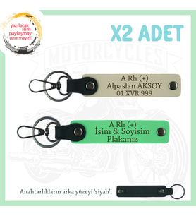 Motorcu Tarzı Plakalı & İsimli x2 Deri Set Anahtarlık, A Rh (+) Kan Grubu ile, S Kahve-F Yeşil-Syh