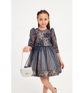 Babyhola 4-8 Yaş Özel Tasarım Dantel ve Taş Detay Çantalı Kız Çocuk Abiye Balo Elbise 7018 (Lacivert)
