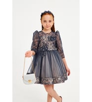 Babyhola 4-8 Yaş Özel Tasarım Dantel ve Taş Detay Çantalı Kız Çocuk Abiye Balo Elbise 7018 (Lacivert)