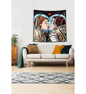 Multirenk Uzayda Aşk Leke Tutmaz Kadife Kumaş Duvar Örtüsü Duvar Halısı Tapestry (Mavi-Siyah)