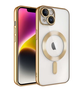 Apple iPhone 14 Kılıf Kamera Korumalı Magsafe Parlak Luxury (Gold)
