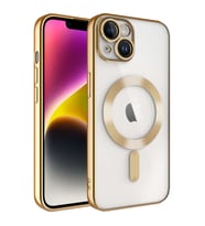 Apple iPhone 14 Kılıf Kamera Korumalı Magsafe Parlak Luxury (Gold)