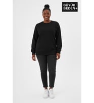 Kadın Büyük Beden Bisiklet Yaka Kollar ve Etek Ribanalı İnce Sweatshirt SPR26BSWK956 (Siyah)