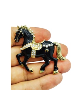Siyah & Beyaz At Broş - Kristal Taşlı Zarif Horse Brooch Şık Hayvan Figürlü Aksesuar