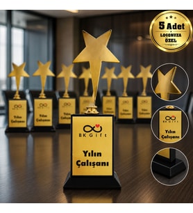 Logonuza Özel 5 Adet Mesajlı Gold Renk Büyük Yıldız Oskar Kurumsal Ödülü 22 x 8 cm