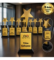 Logonuza Özel 5 Adet Mesajlı Gold Renk Büyük Yıldız Oskar Kurumsal Ödülü 22 x 8 cm