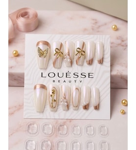 Louésse Golden Grace Takma Tırnak 12’li Beyaz Gold İnci Detaylı Elegant Mood Nail