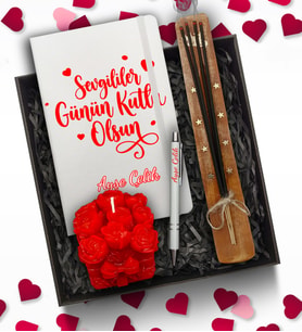 Kişiye Özel Beyaz Defter & Beyaz Kalem & Çiçekli Bubble Mum & Çubuk Tütsü Hediye Seti
