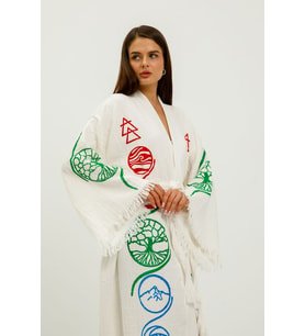 Müslin Kimono %100 Pamuklu Hayat Ağacı Baskılı Desenli Bornoz Kaftan Sabahlık (Beyaz)