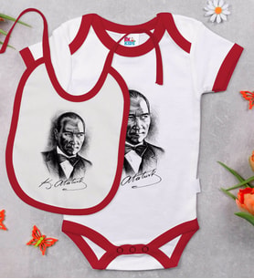 BK Kids Atatürk Temalı Kırmızı Bebek Body Zıbın ve Mama Önlüğü Hediye Seti-14