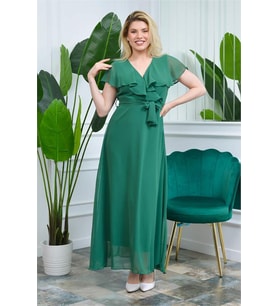 Neşeli Butik Kadın Yeşil Kruvaze Yaka Bağlama Detaylı Uzun Şifon Elbise NB0001