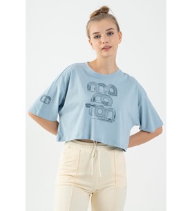 Maraton Comfort Kadın Bisiklet Yaka  Sisli Mavi Crop Top