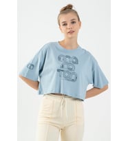 Maraton Comfort Kadın Bisiklet Yaka  Sisli Mavi Crop Top