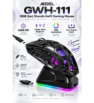 Jedel GWH-111 RGB Şarj Standlı 12000 DPI Triple BT/2.4Ghz/Kablolu Hafif Gaming Mouse