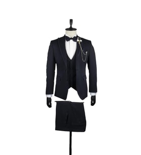 Koyu Lacivert Armürlü Mono Yaka Astarlı Yelekli 6 Drop Slim Fit Smokin Damatlık 1001220201