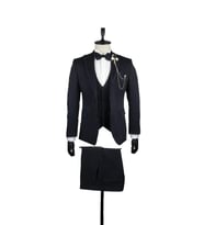 Koyu Lacivert Armürlü Mono Yaka Astarlı Yelekli 6 Drop Slim Fit Smokin Damatlık 1001220201