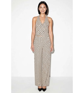 Kadın Kolsuz V Yaka Puantiyeli Crop Top Geniş Paça Takım Rahat Kesim Bubble Dokuma Günlük Modern