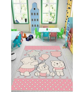 Pembe Kaymaz Tabanlı Yıkanabilir Ayıcıklı Bebek Halısı KD015