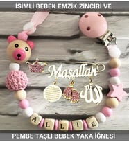 İsimli Bebek Emzik Zinciri ve Pembe Taşlı Bebek Yaka İğnesi