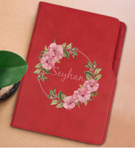 BK Gift Kişiye Özel Çiçek Tasarımlı Kırmızı Termo Deri Not Defteri 15x21cm-17