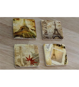 Kolaj Eyfel ve Paris Doğal Taş Bardak Altlığı 4'lü set - Natural Stone Coasters