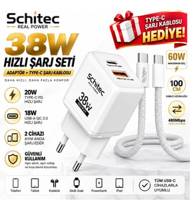 SChitec 38W Çift Çıkışlı Süper Hızlı Şarj Adaptörü ve 60W Type-C to Type-C Örgülü Hızlı Şarj Kablosu