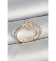 Pirinç Gold Renk Zirkon Taşlı Beyaz Mineli Yonca Model Ayarlanabilir Kadın Yüzük (Altın)