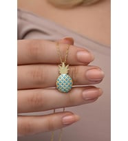 925 Ayar Gümüş Gold Kaplama Turkuaz Taşlı Ananas Kolye